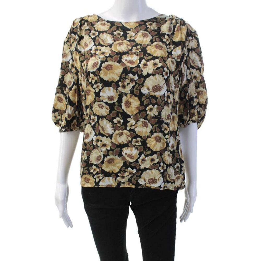 Nation Los Angeles Womens Short Puff Sleeve Floral Blouse Brown Size M